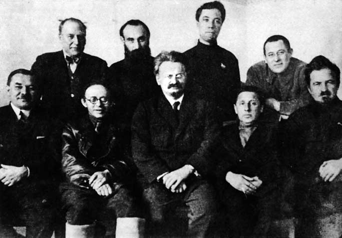The principal leaders of the Left Opposition in 1927 (left-to-right by row): Rakovsky, Drobnis, Beloborodov, Sosnovsky, Serebryakov, Radek, Trotsky, Boguslavsky, Preobrazhensky